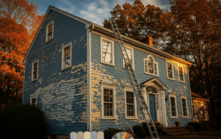 A weathered blue house with peeling paint and a ladder leaning against it, surrounded by autumn trees needs to be repainted