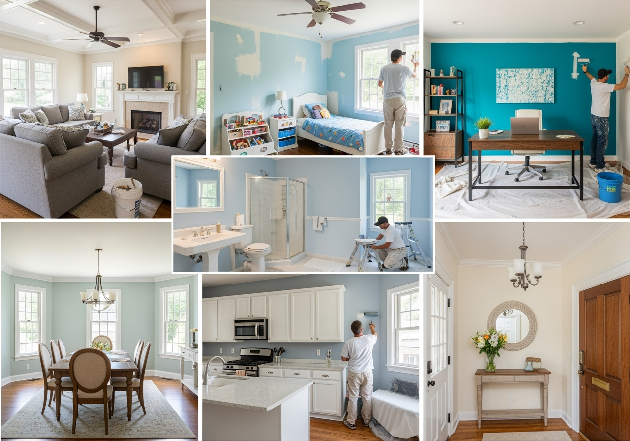 A collage showing various rooms in a house being painted and renovated, including living room, bedroom, office, bathroom, dining room, kitchen, and entryway.