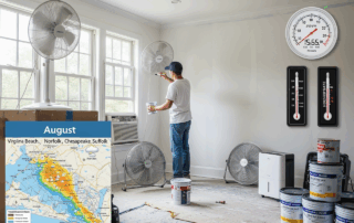 Man painting a room in August heat, with fans, thermometers, and a Virginia weather map.
