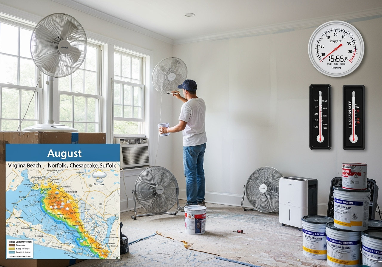 Man painting a room in August heat, with fans, thermometers, and a Virginia weather map.