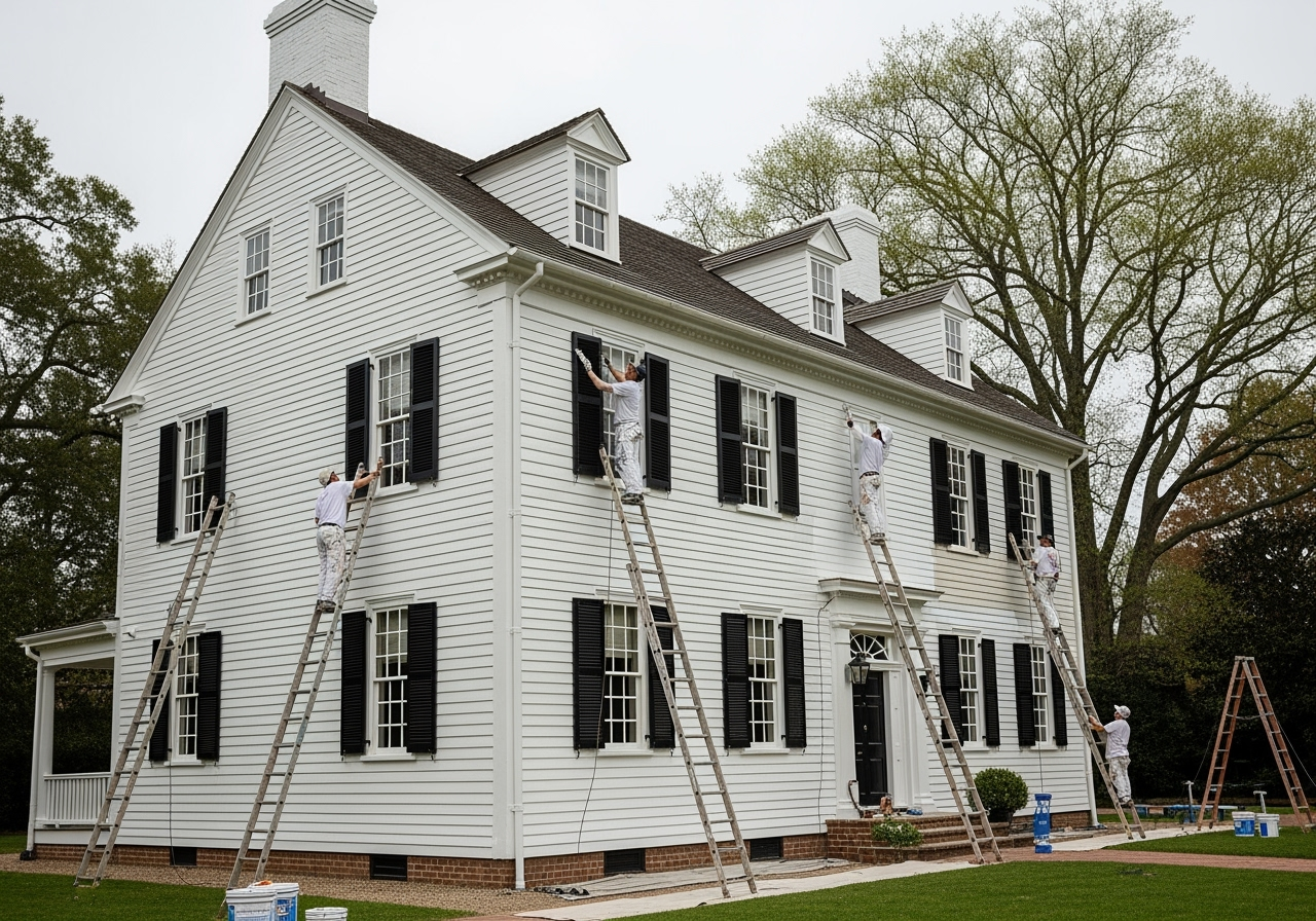 Painters on ladders repaint a large white house with black shutters.
