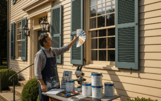 A man in an apron holds up a paint swatch fan next to a house, comparing colors with several paint cans on a table nearby