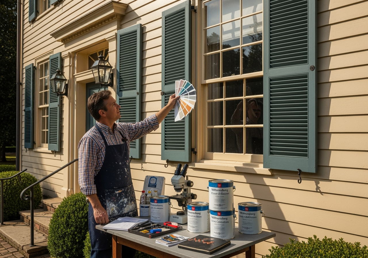 A man in an apron holds up a paint swatch fan next to a house, comparing colors with several paint cans on a table nearby