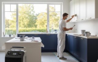 A painter in white overalls and a mask carefully paints white upper cabinets in a modern kitchen with navy lower cabinets, gold hardware, and a large window. Drop cloths and supplies cover the floor and counters; a dehumidifier and sheet-covered island hint at an ongoing renovation.
