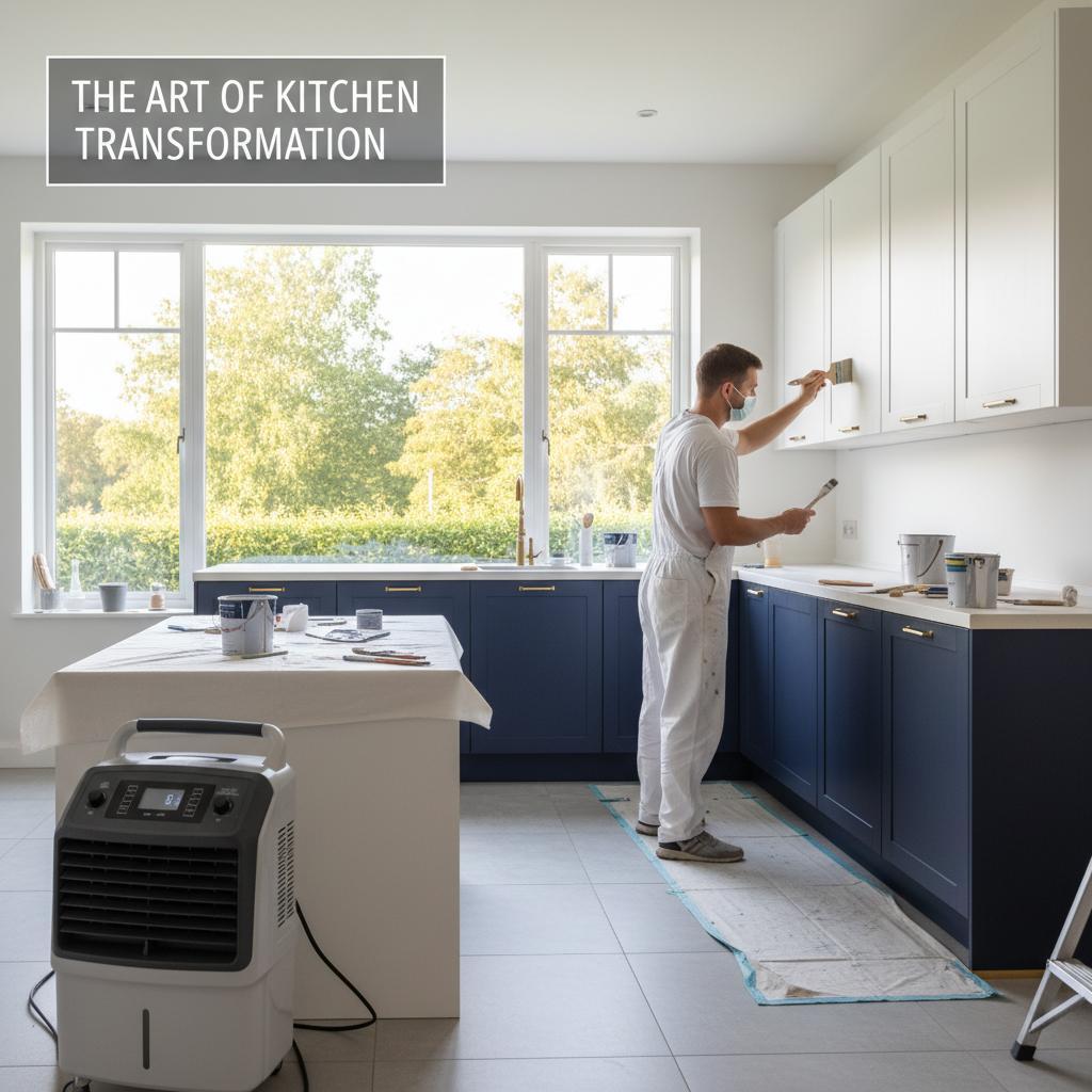 A painter in white overalls and a mask carefully paints white upper cabinets in a modern kitchen with navy lower cabinets, gold hardware, and a large window. Drop cloths and supplies cover the floor and counters; a dehumidifier and sheet-covered island hint at an ongoing renovation.