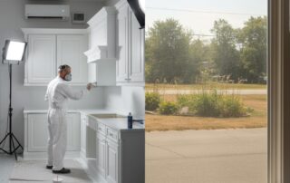 A professional painter in a white suit and mask carefully applies paint to white kitchen cabinets, surrounded by paint cans and tools, with studio lights illuminating the space. Through a nearby window, a sunny suburban scene with greenery and a quiet street is visible.