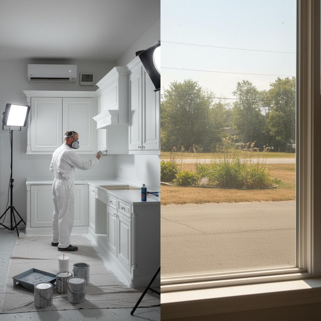 A professional painter in a white suit and mask carefully applies paint to white kitchen cabinets, surrounded by paint cans and tools, with studio lights illuminating the space. Through a nearby window, a sunny suburban scene with greenery and a quiet street is visible.