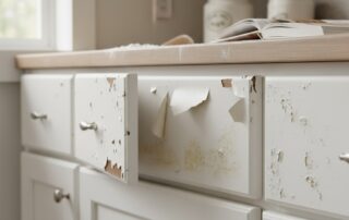 Close-up of a white kitchen drawer with peeling paint and chipped wood, showing wear and tear.