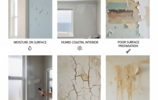 Six images showing common paint problems: moisture, humidity, poor prep, humid application, cracking, and water stains.