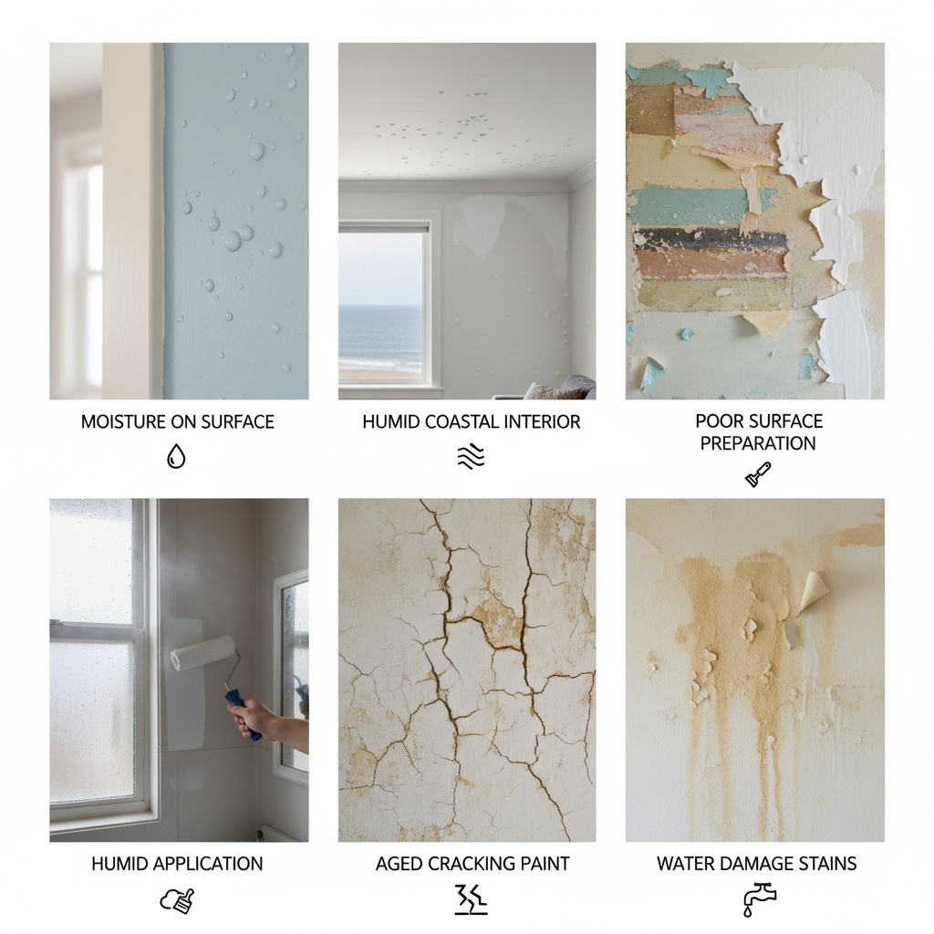 Six images showing common paint problems: moisture, humidity, poor prep, humid application, cracking, and water stains.