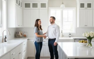 A man and woman smile while shaking hands in a bright, modern white kitchen.