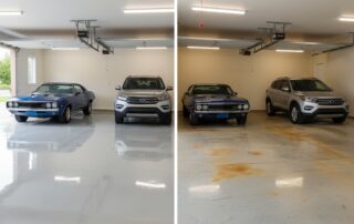 efore and after: a garage floor transformed from stained concrete to a clean, glossy white epoxy finish.