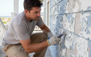 A man in work clothes kneels on a porch, scraping peeling blue paint off a house wall.