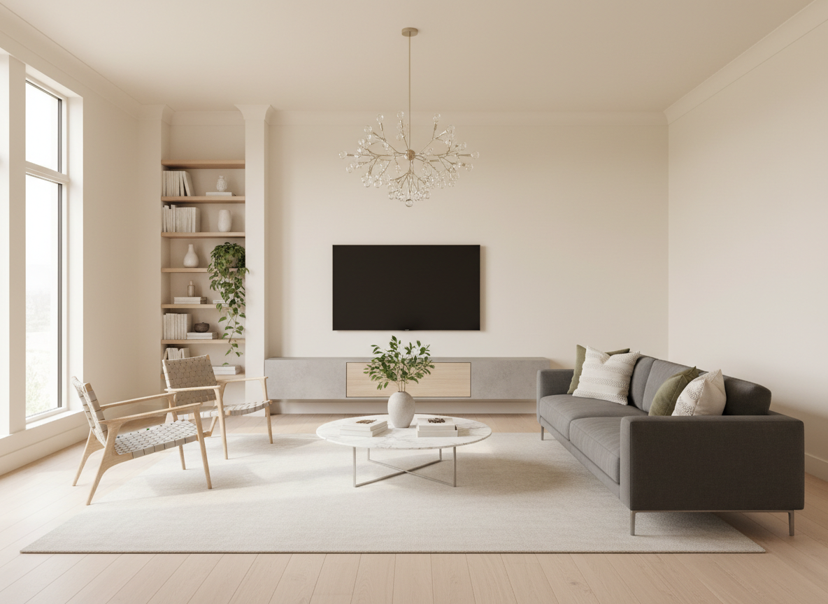 A modern, minimalist living room with a gray sofa, wooden chairs, and a sleek TV console under a crystal chandelier.