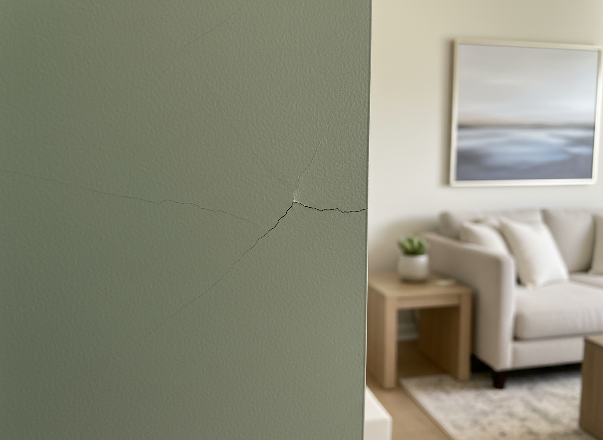 Hairline crack on freshly painted interior wall in a Virginia home, inspected and repaired by Showstopper Painting