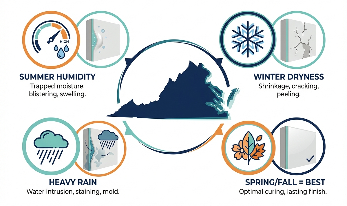Virginia Weather Impact. Illustrates how summer humidity, winter dryness, and heavy rain damage surfaces, while spring and fall provide optimal conditions.