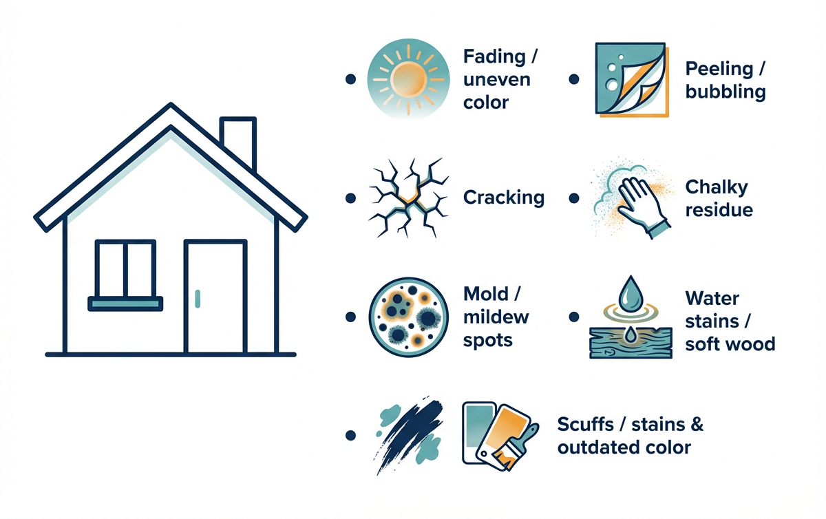 Infographic showing a house outline and icons for signs of exterior wear: fading, peeling, cracking, chalky residue, mold, water stains, and scuffs.