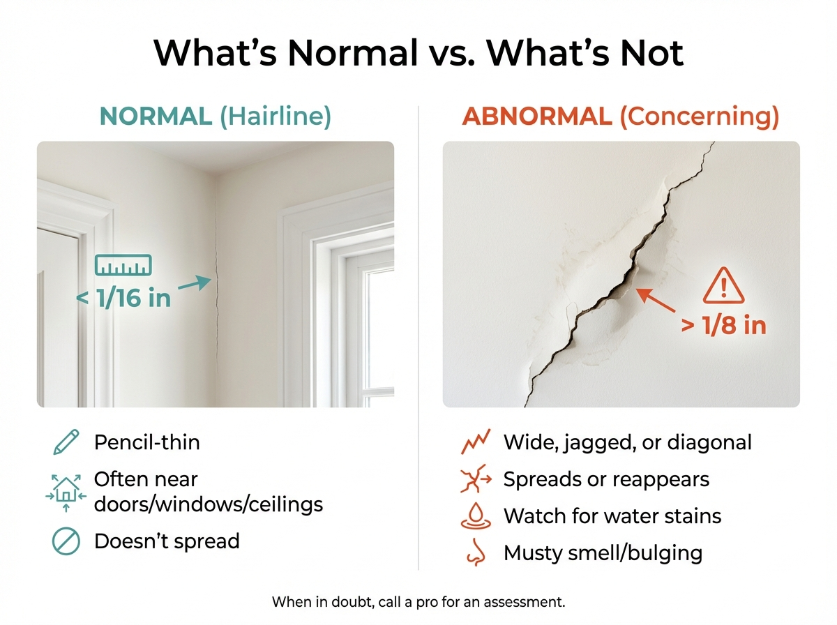 Infographic comparing normal hairline wall cracks (1/8 inch) that are wide, jagged, or spreading.