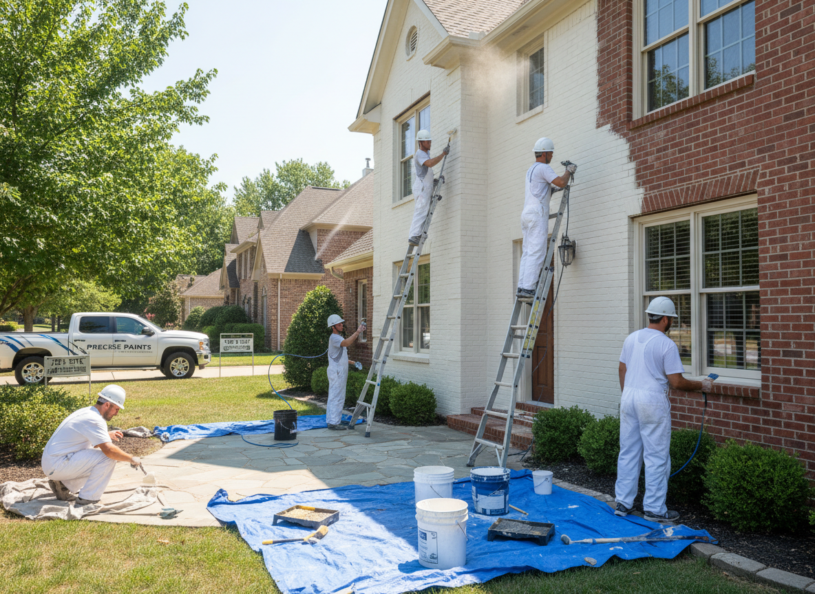 A team of painters painting the exterior of a house.