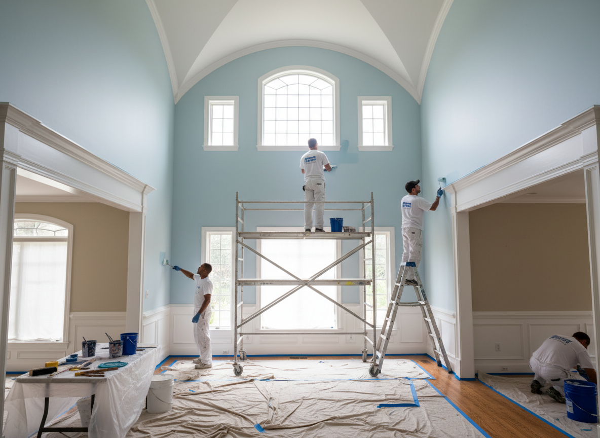 Painters painting light blue walls in a spacious room with high ceilings.