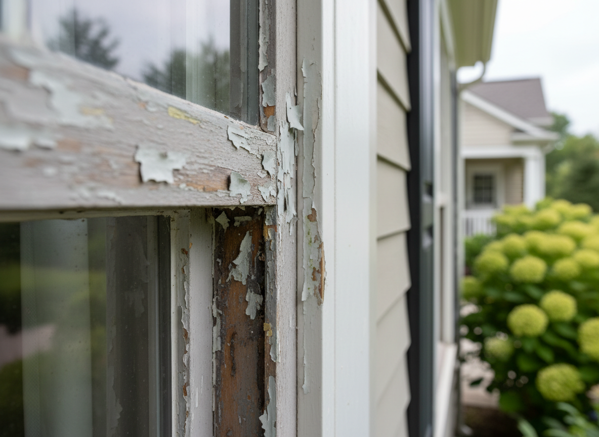 peeling paint Close-up of peeling paint on an exterior wooden window frame.