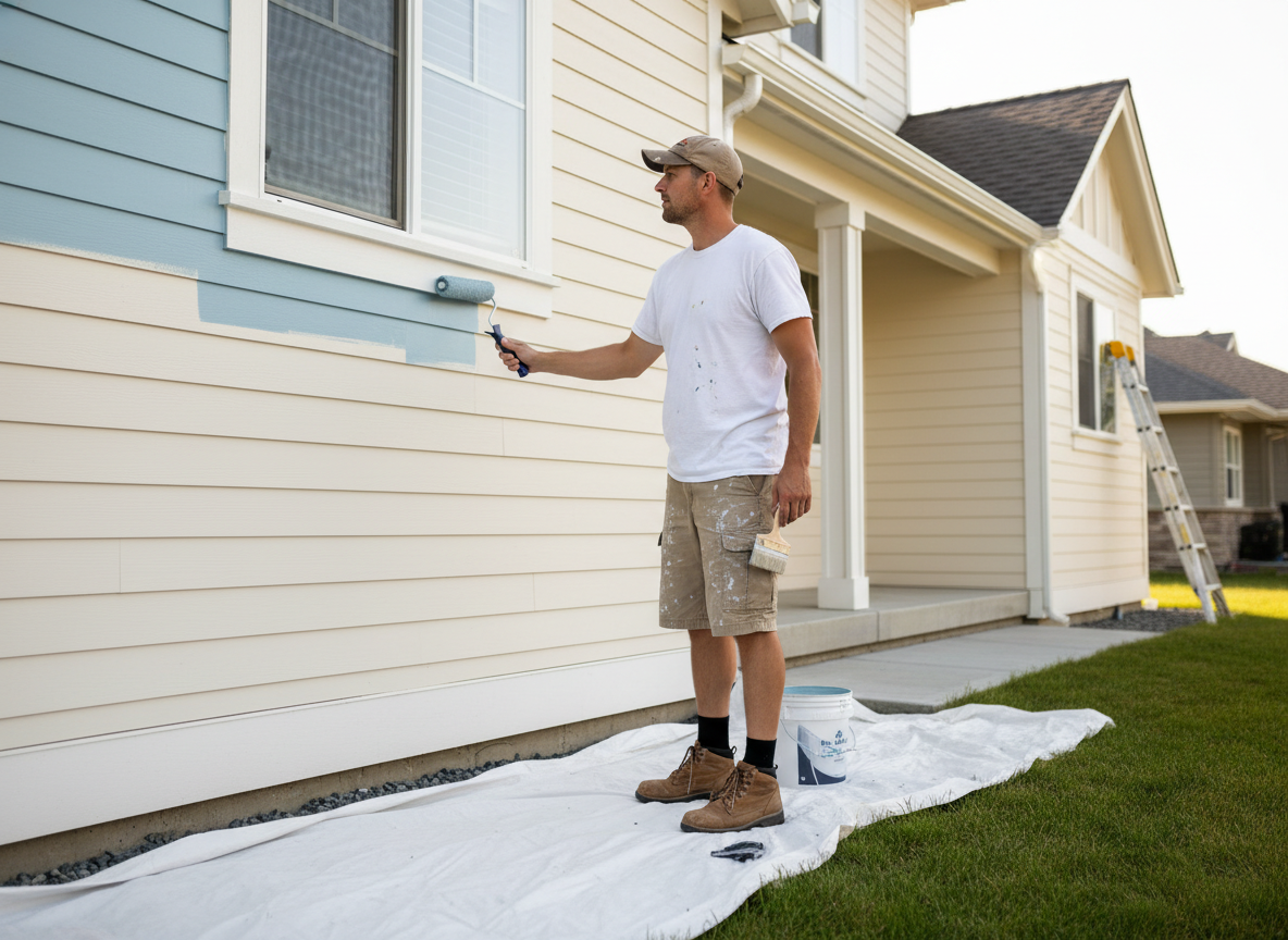 A man painting house siding blue with a roller.