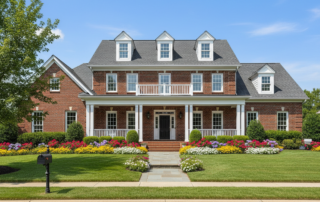 A large two-story brick house with a grey roof, white porch, and colorful flower beds.
