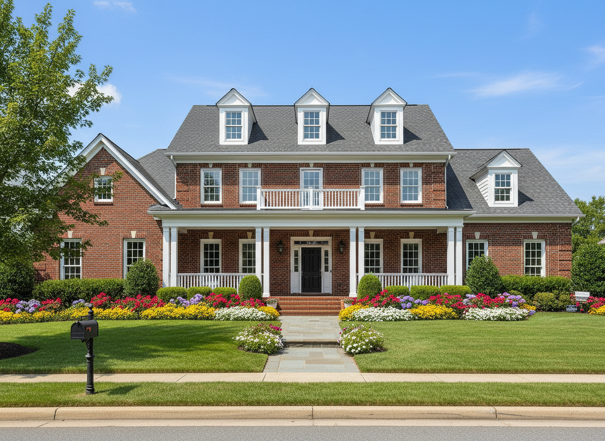 A large two-story brick house with a grey roof, white porch, and colorful flower beds.