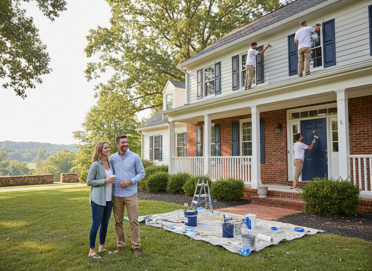A couple watching painters paint the exterior of a house.