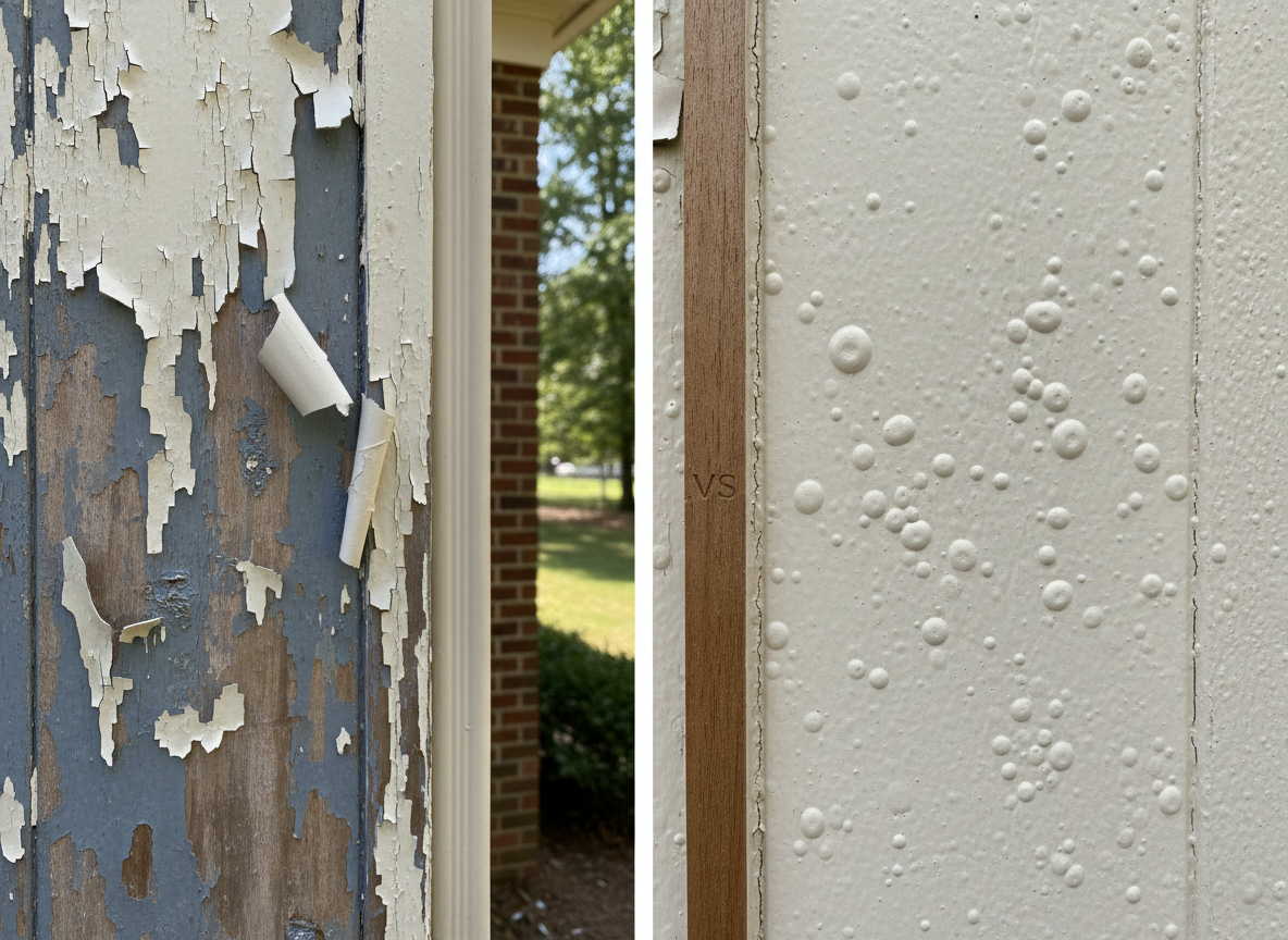 Comparison of peeling paint and blistered paint on exterior wood.