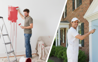 A split image contrasting a messy DIY painter indoors with a professional painter outdoors.