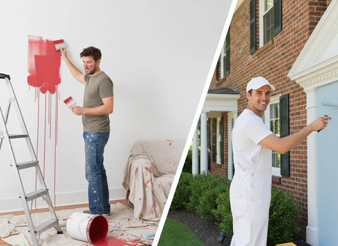 A split image contrasting a messy DIY painter indoors with a professional painter outdoors.
