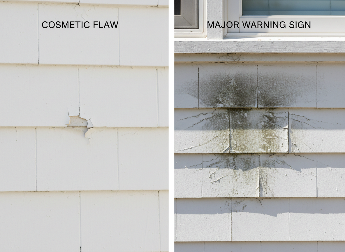 paint chipping Side-by-side comparison of minor paint chipping versus severe mold damage on siding.