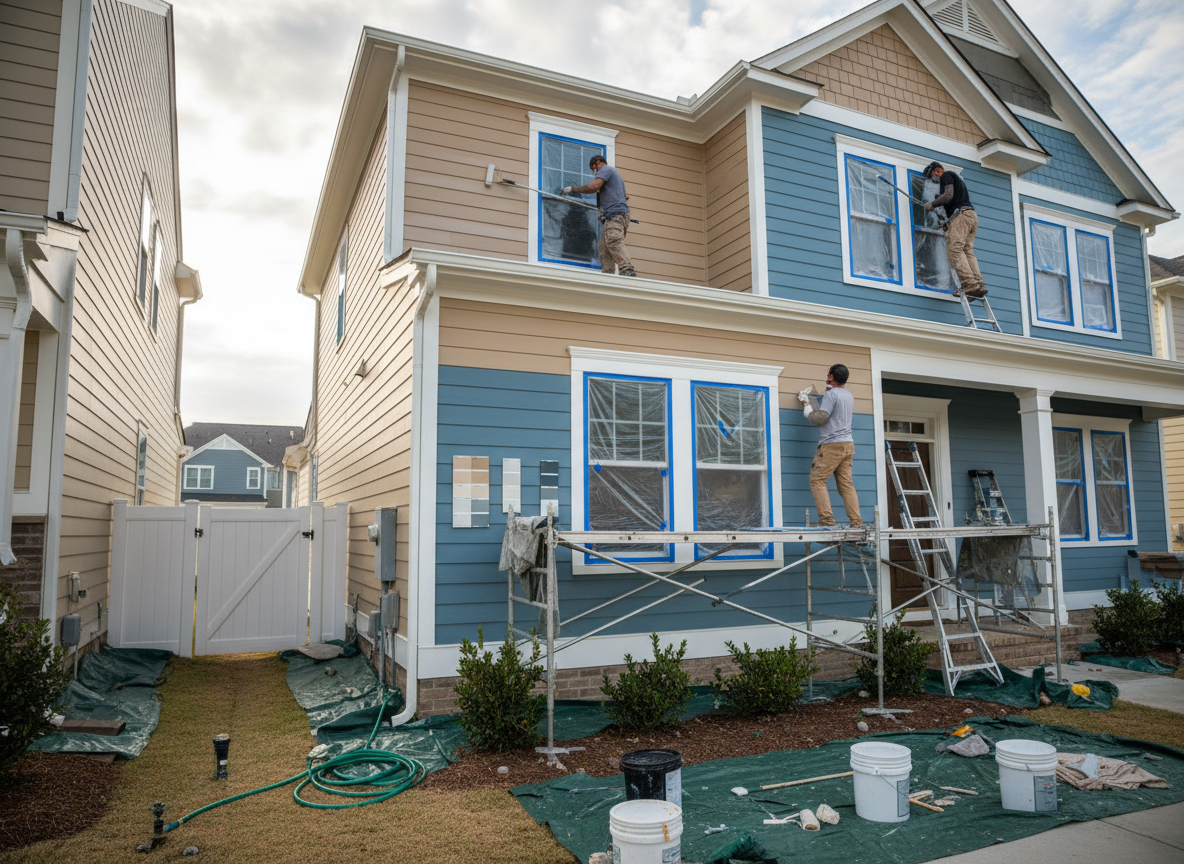 Painters working on the exterior of a two-story house with blue and tan siding.
