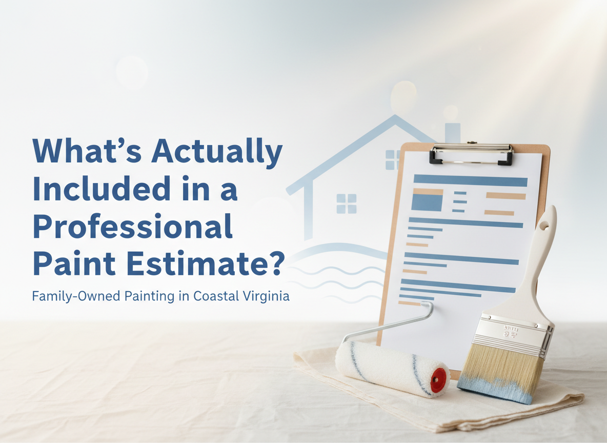 Professional paint estimate guide with painting tools, clipboard, and house illustration for Coastal Virginia painting services.