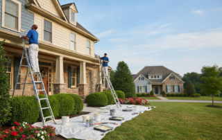 Two painters on ladders painting the exterior of a house.