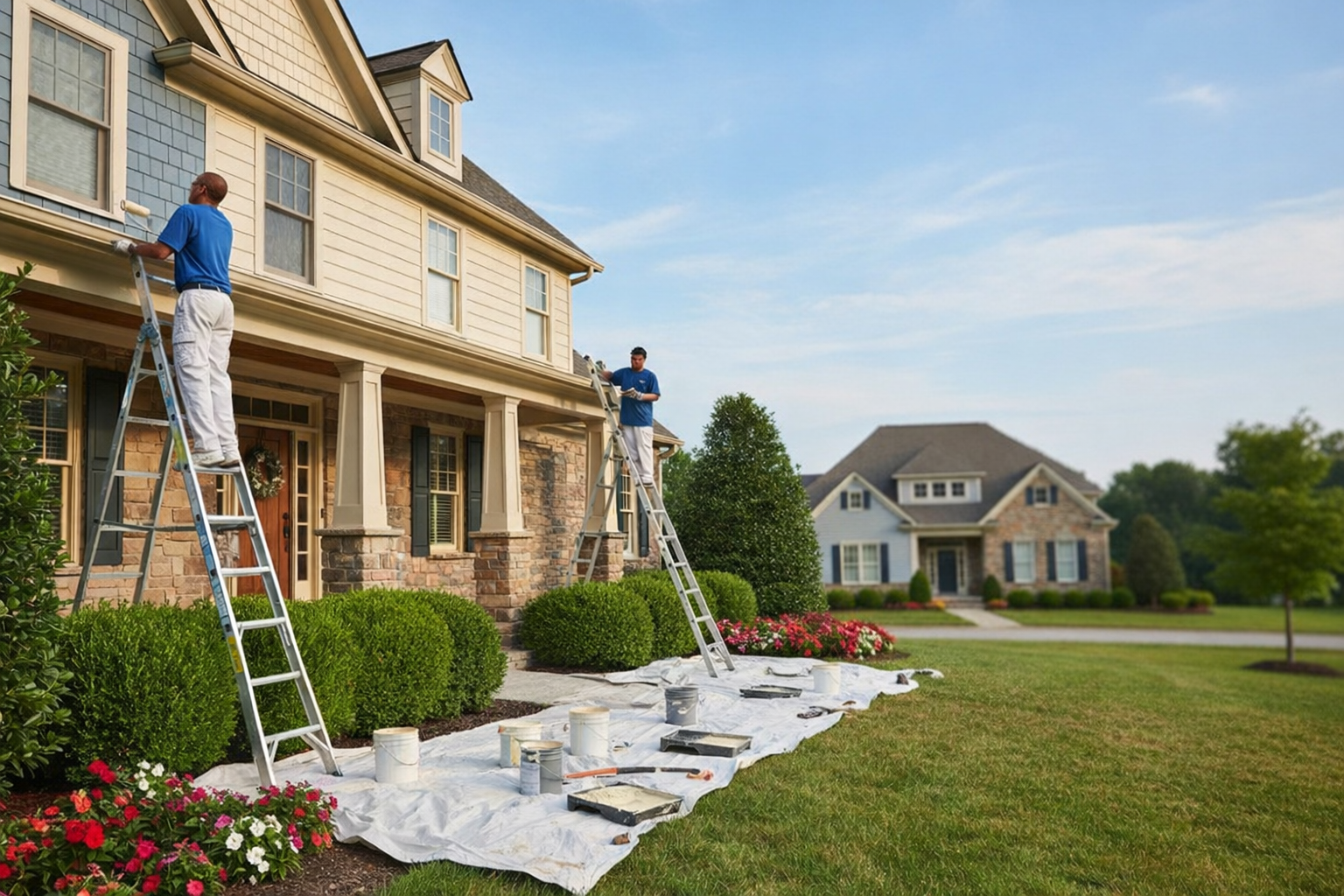 Two painters on ladders painting the exterior of a house.