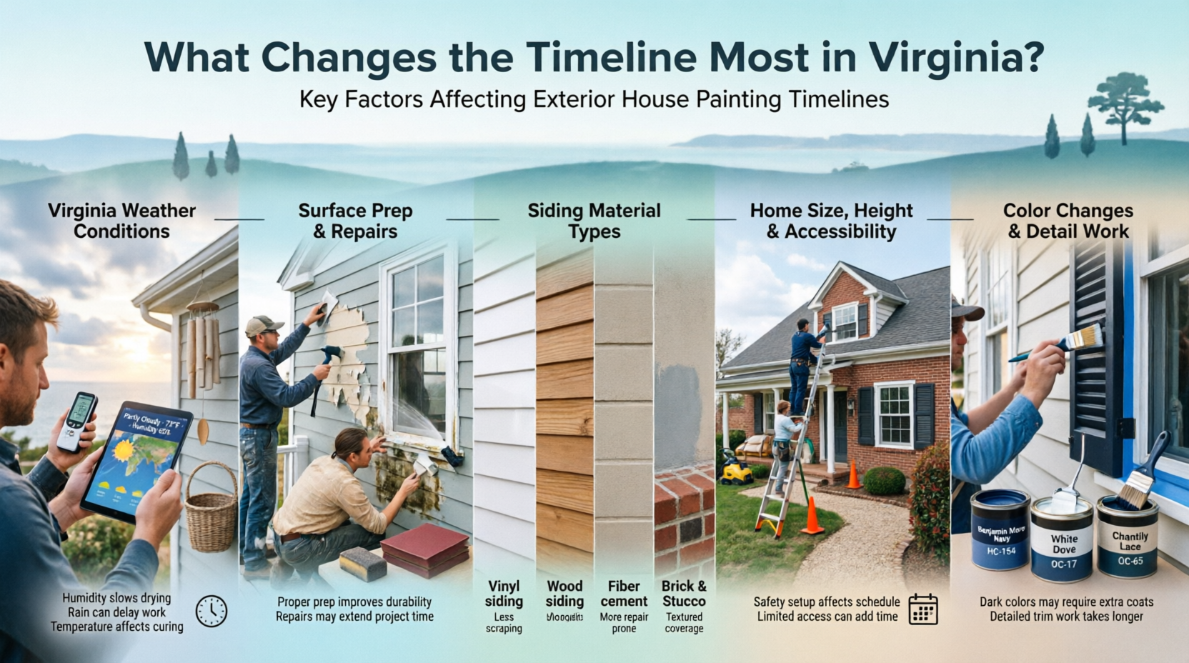 Infographic illustrating key factors affecting exterior house painting timelines in Virginia, such as weather, surface prep, siding types, and home size.