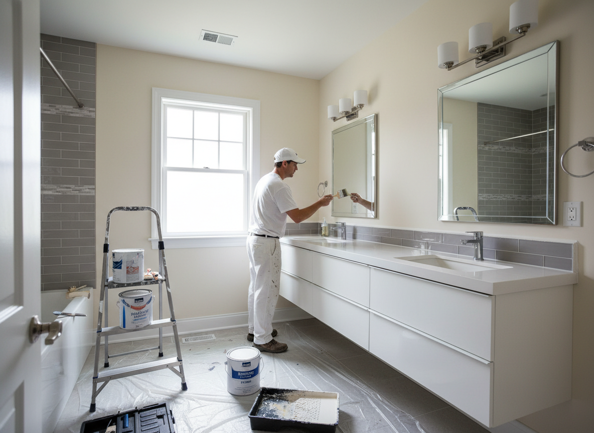bathroom painter A painter working in a bathroom with a double vanity.