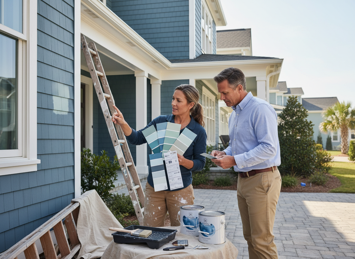 paint-&-materials_use A couple looking at paint swatches outside a blue house.