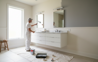 A painter rolling grey paint onto a bathroom wall above a white vanity.