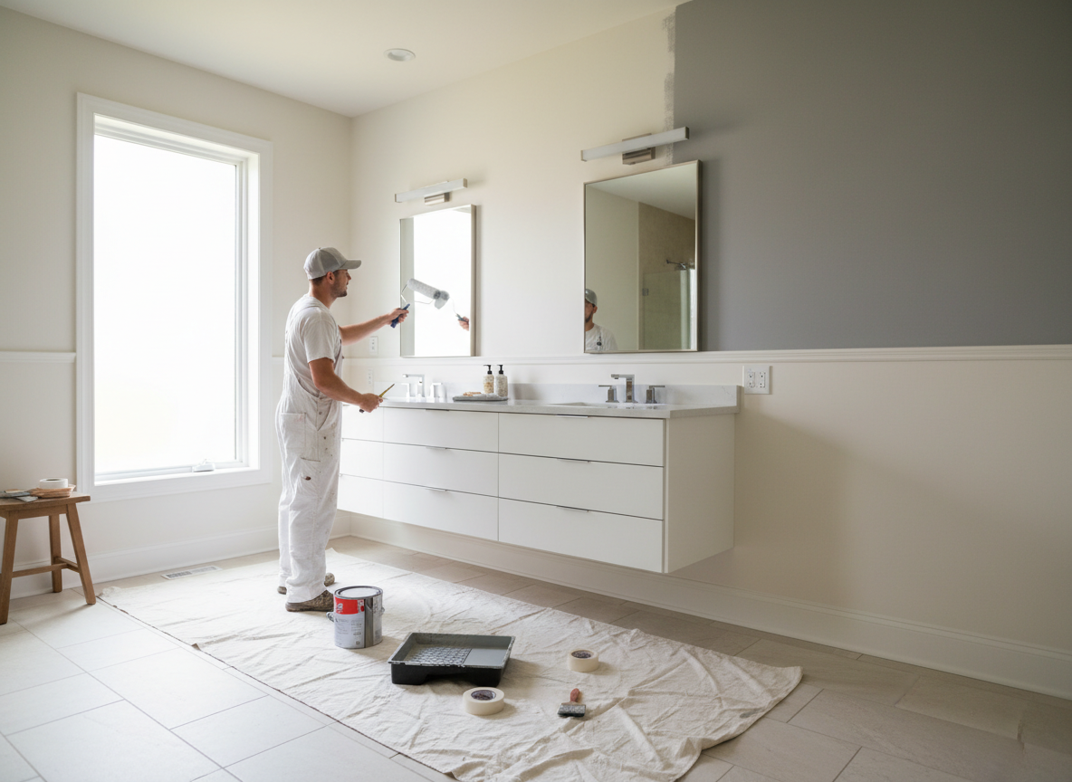 A painter rolling grey paint onto a bathroom wall above a white vanity.