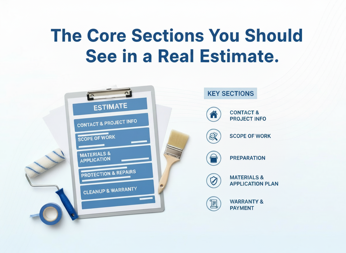 Core sections of a professional painting estimate: contact info, scope of work, preparation, materials, and warranty details shown on clipboard with painting tools.