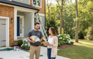 A painter showing paint swatches to a homeowner outside a house.
