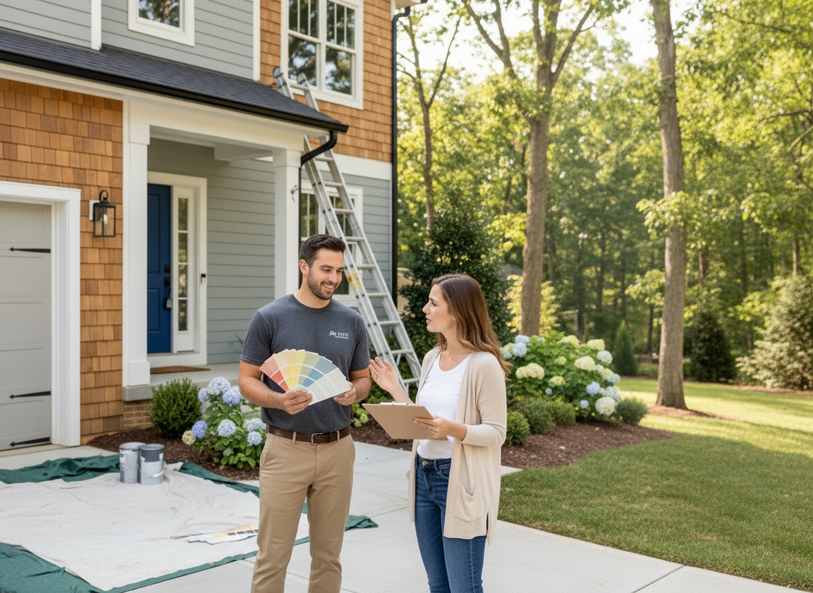 A painter showing paint swatches to a homeowner outside a house.