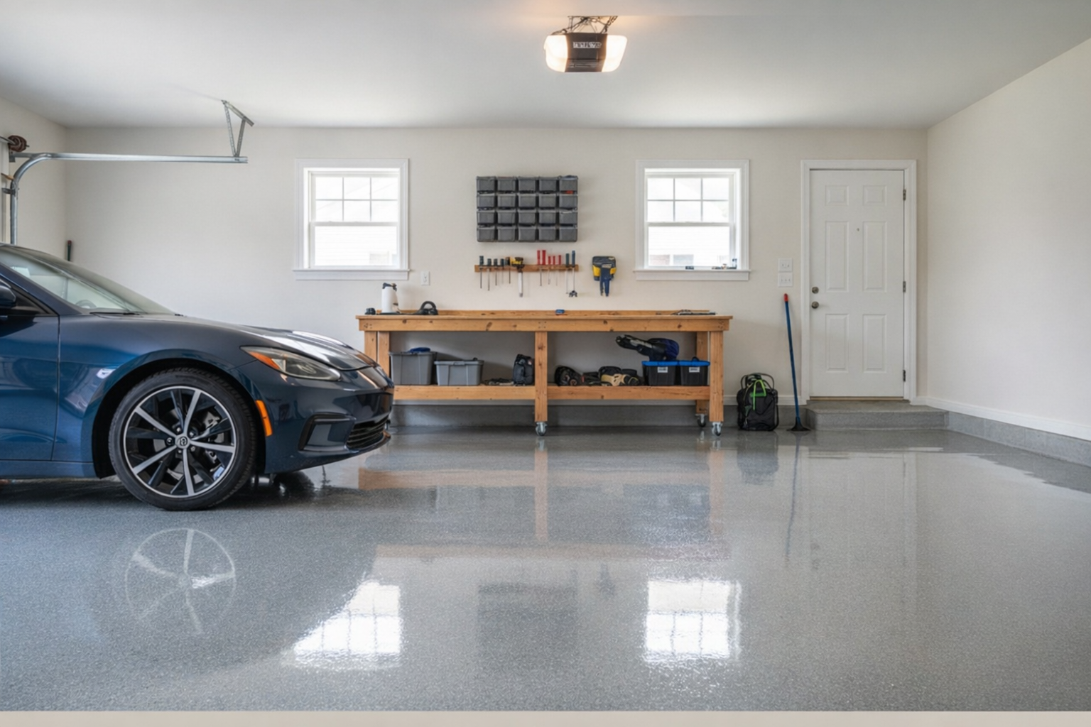 Blue car parked in a clean garage with a wooden workbench and shiny epoxy floor.