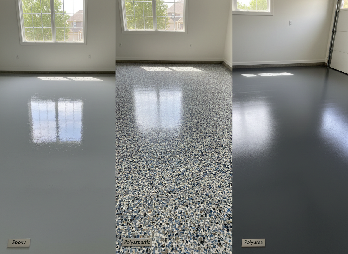 Garage floor finishes Side-by-side comparison of Epoxy, Polyaspartic, and Polyurea garage floor finishes.