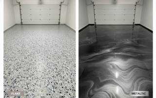 Side-by-side comparison of garage floor finishes: a speckled "Flake" coating on the left and a dark, swirling "Metallic" coating on the right.