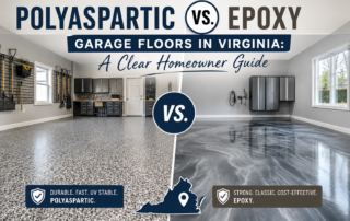 Infographic comparing Polyaspartic vs. Epoxy garage floors in Virginia. Left side shows a speckled floor labeled "Durable. Fast. UV Stable." Right side shows a swirled floor labeled "Strong. Classic. Cost-Effective.
