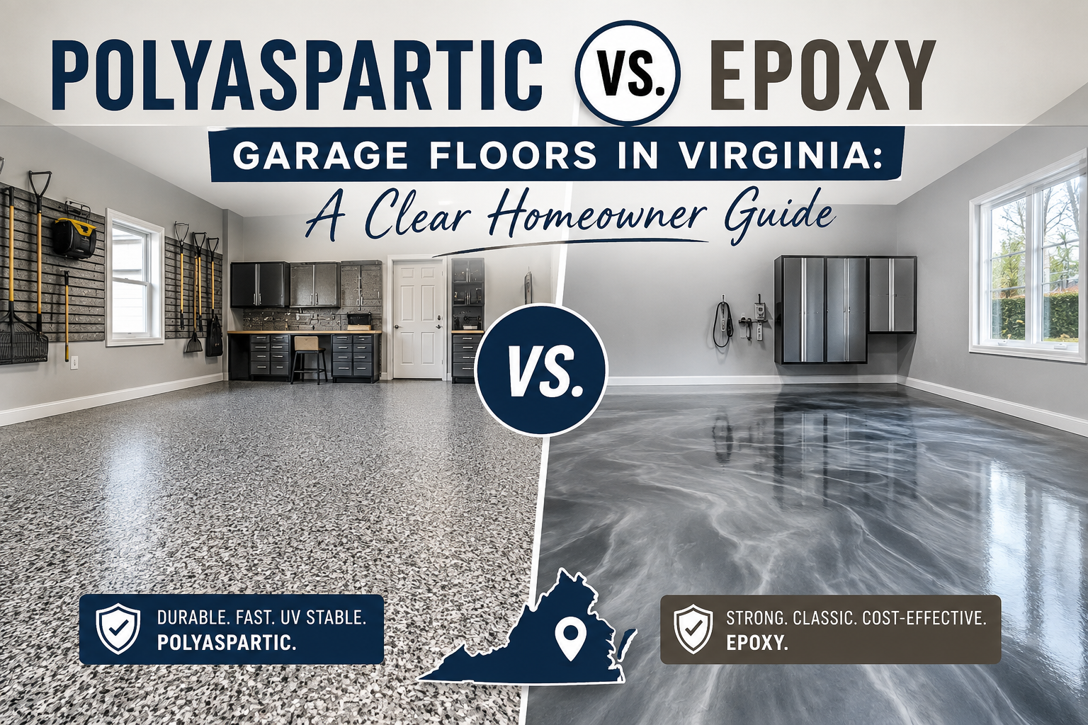 Infographic comparing Polyaspartic vs. Epoxy garage floors in Virginia. Left side shows a speckled floor labeled "Durable. Fast. UV Stable." Right side shows a swirled floor labeled "Strong. Classic. Cost-Effective.
